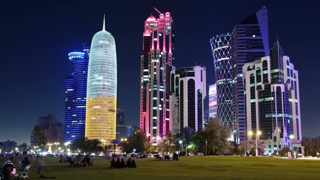 UHD 4K night timelapse of financial centre in Doha city, Qatar