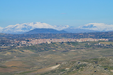 Fototapeta na wymiar View from Mazzarino of Barrafranca with the Madonie Mountains in the Background, Sicily, Italy, Europe