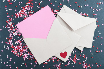 Valentine card mockup and envelope with heart sprinkles