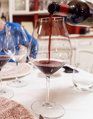 Many glasses of different wine in a row on a table. Tasting wine concept