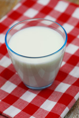 Glass of fresh milk in transparent glass on red and white checkered cloth
