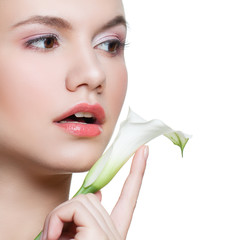 Spa girl face with white flower closeup portrait isolated on white
