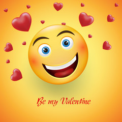 Smiling tender face on a yellow background - a smiley in love, showing the true feeling of love. Recognition of love. Vector