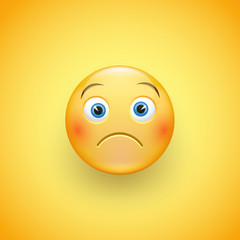 A little sad face of emoticons with a slight frown and neutral eyes on a yellow background. Funny sad kid. Vector