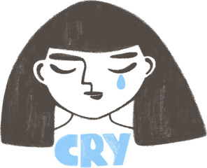 Cute sad teen girl in the scandinavian style. Hand drawn funny girlish print for nursery, poster, t-shirt, card, banner. Adorable teens sketch illustration. Cry text and face.