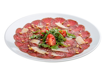 Tuna carpaccio with Parmesan cheese.  On white background