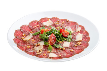 Tuna carpaccio with Parmesan cheese.  On white background