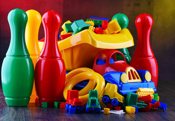 Composition with colorful plastic children toys