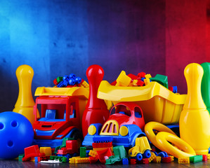 Composition with colorful plastic children toys