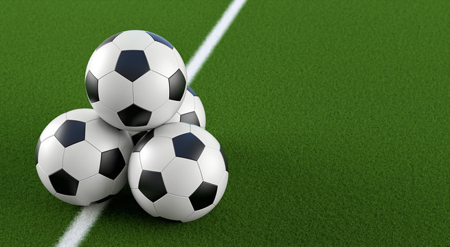 Soccer ball Pyramid on a soccer field - 3D Rendering