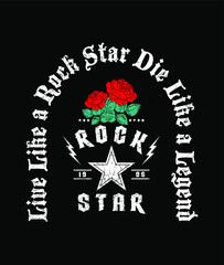 Rock and roll print in black colour and in vector with red roses.