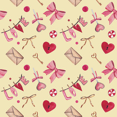 Watercolor seamless pattern for Valentine's day with heart, key, lock, bow, envelope, love, candy. Suitable for invitations, postcards, fabrics, interior design, packing paper, phone cases