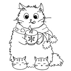 Isolated Christmas cat with coffee mug and slippers