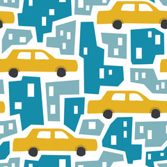 vector seamless background pattern with color cut out paper abstract houses and hand drawn cars for  fabric design, wrapping paper, notebooks covers.textile