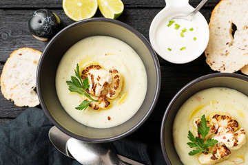 Potato and cauliflower cream soup. Vegetarian healthy food.