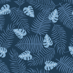 Vector nautical seamless background pattern with hand drawn beautiful palm leaves, plants for fabric, textile, wrapping paper, notebooks covers