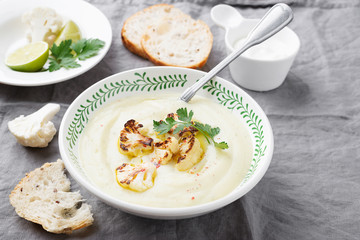 Potato and cauliflower cream soup. Vegetarian healthy food.
