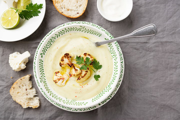 Potato and cauliflower cream soup. Vegetarian healthy food.