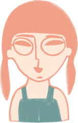 Cute shy little chinese girl in glasses and overallsin the scandinavian style. Hand drawn funny girlish print for poster, t-shirt, card, banner. Adorable teens sketch illustration. Oil pastel crayon.