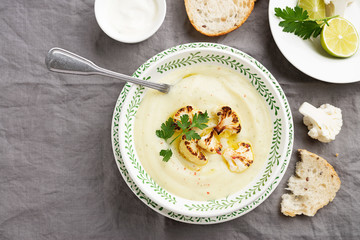 Potato and cauliflower cream soup. Vegetarian healthy food.