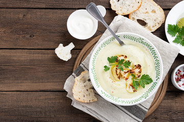 Potato and cauliflower cream soup. Vegetarian healthy food.
