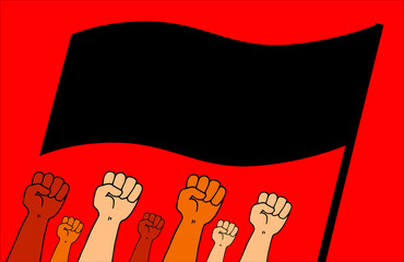 Illustration of a group of arms held high with a closed fist with a black flag in fighting position