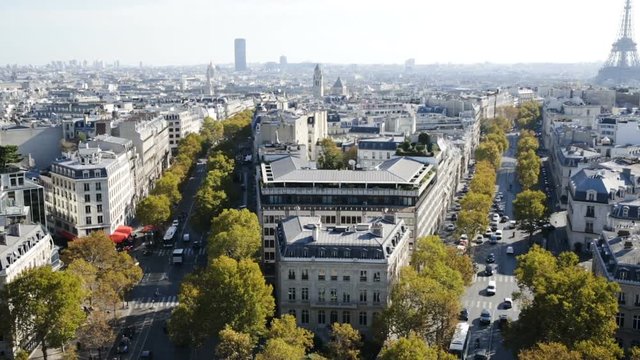 Cityscape of Paris with the Eiffel Tower and apartment buildings aerial view, France