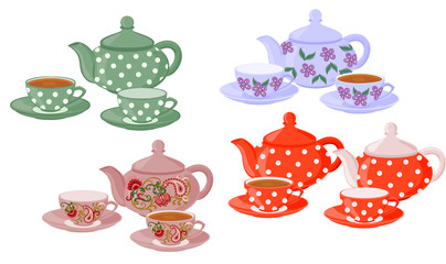 Vector set of isolated teapots, cups of tea and empty cups. - 243008473