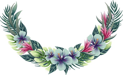 half round floral wreath with tropical plants