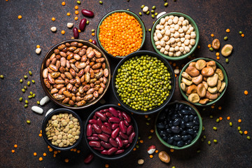Legumes, lentils, chikpea and beans assortment.