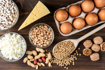 Food rich of protein.Healthy eating and diet concept. Eggs, cheese, cottage cheese, walnut, peanut, green lentil, beans and chick peas.