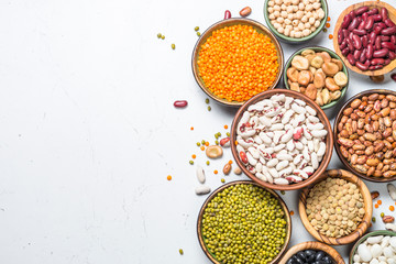 Legumes, lentils, chikpea and beans assortment on white.