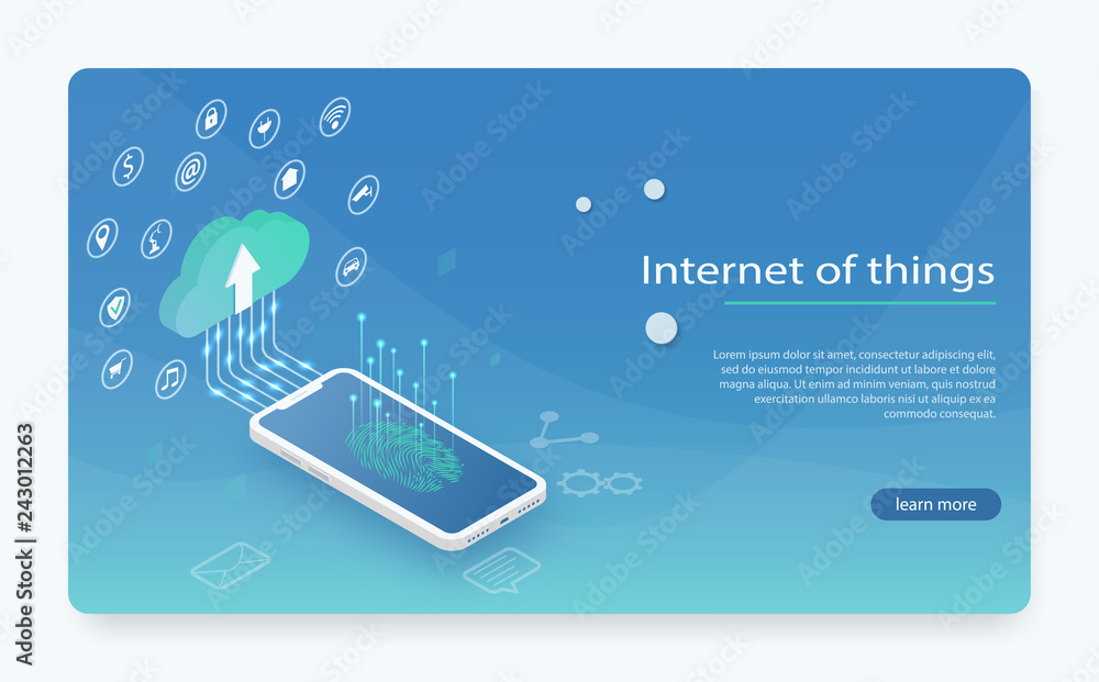 Poster internet of things (iot), devices and connectivity concepts on a network, cloud at center.