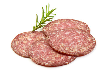 Thinly Sliced Smoked Salami with rosemary, close-up, isolated on a white background