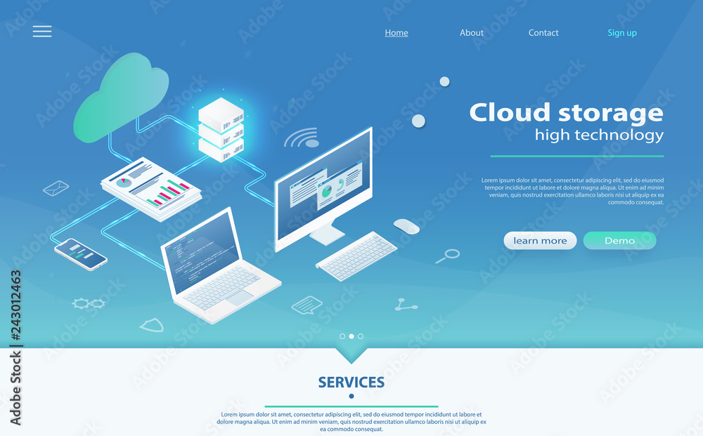 Poster cloud hosting network isometric concept. online computing storage concept.
