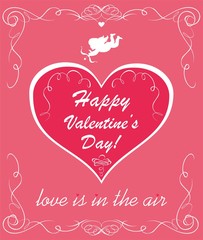 Greeting pink card with red heart shape with paper cutting cupid for Valentine’s day