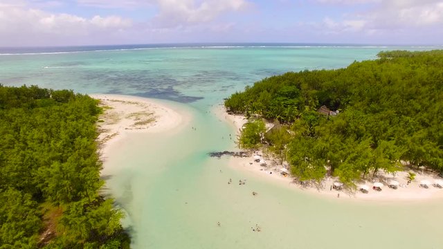 4K Drone flight above the beautiful dream vacation destination ile aux cerf in mauritius, beautiful water and breathtaking landscape, travel feeling & travel lust