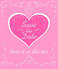 Wedding pink invitation with vintage vignette and heart shape. Save the date