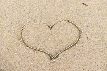 Symbol of love. Heart in the sand. Sand beach. Summer resort in the tropics. Summer heat. Sunny weather. Valentine's Day. Romantic postcard. Feelings of sympathy and love.