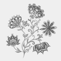 Bouquet of fantastic flowers. Background in ethnic traditional style.