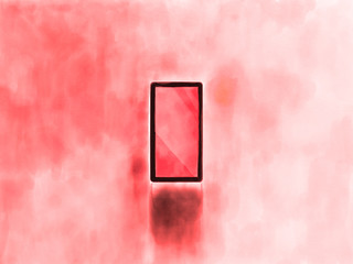 Red smart phone with isolated red tone background.Art design mobile phone illustration