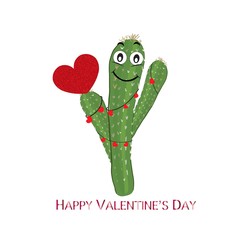 Cactus with red hearts. Cute smiling face and succulent holding a shining red heart. Valentine's Day greeting card
