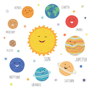 Cute planets with funny smiling faces. Solar system with cute cartoon planets. Funny universe for kids , sun, pluto, mars, mercury, earth, venus, jupiter, saturn, uranus, neptune.