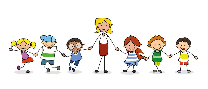 kindergarten group of children with female teacher holding hands