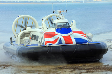 hovercraft coming off the sea on to land