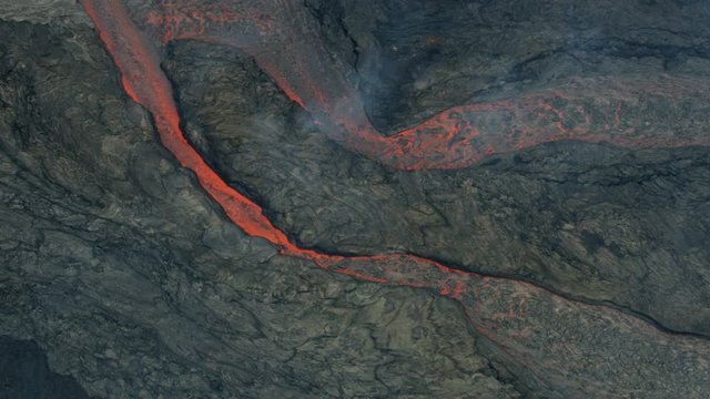 Aerial view of boiling volcano red hot liquid