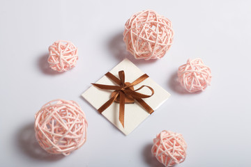 Greeting cards on a white background. Around decorative balls.