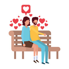 couple sitting on park chair with hearts character