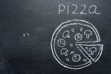 Pizza drawing with chalk on a black board, copy space