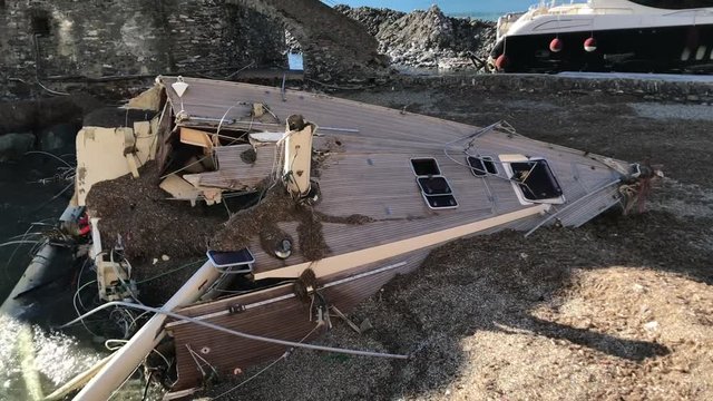 Yachts destroyed by storm hurricane in Rapallo, Italy